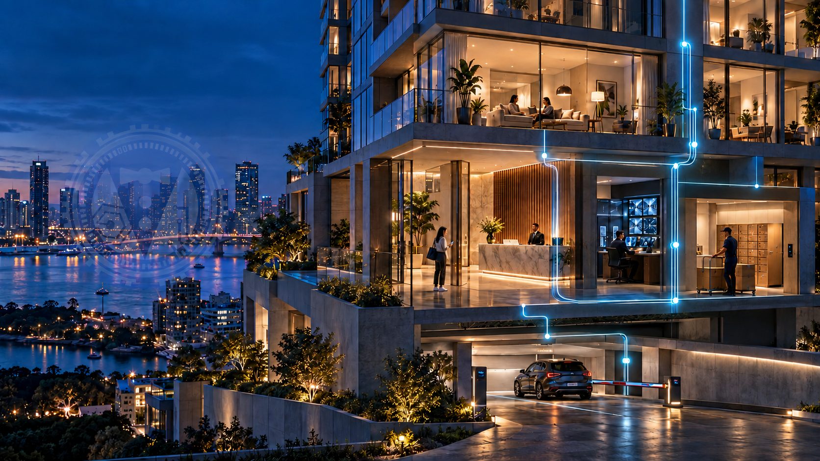 Edificio inteligente conectado de noche